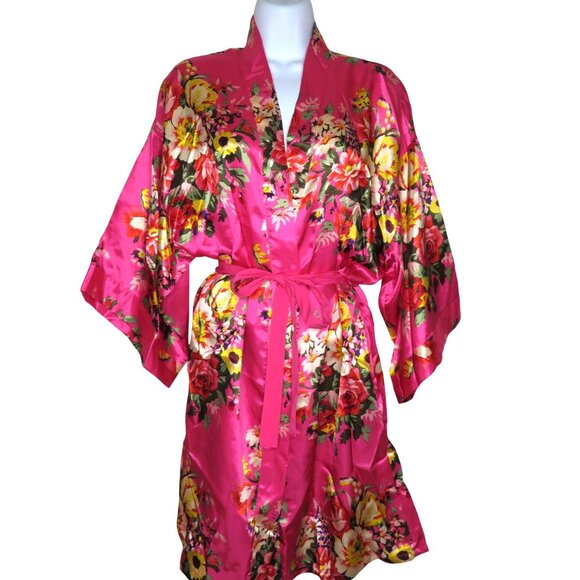 New Ms Lovely Hot Pink Floral Satin Kimono Robe M/L Knee Length Pockets Belted - Picture 5 of 16
